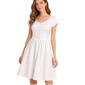 April Cornell Vintage Inspired White Turquoise Polka Dot Cotton Dress